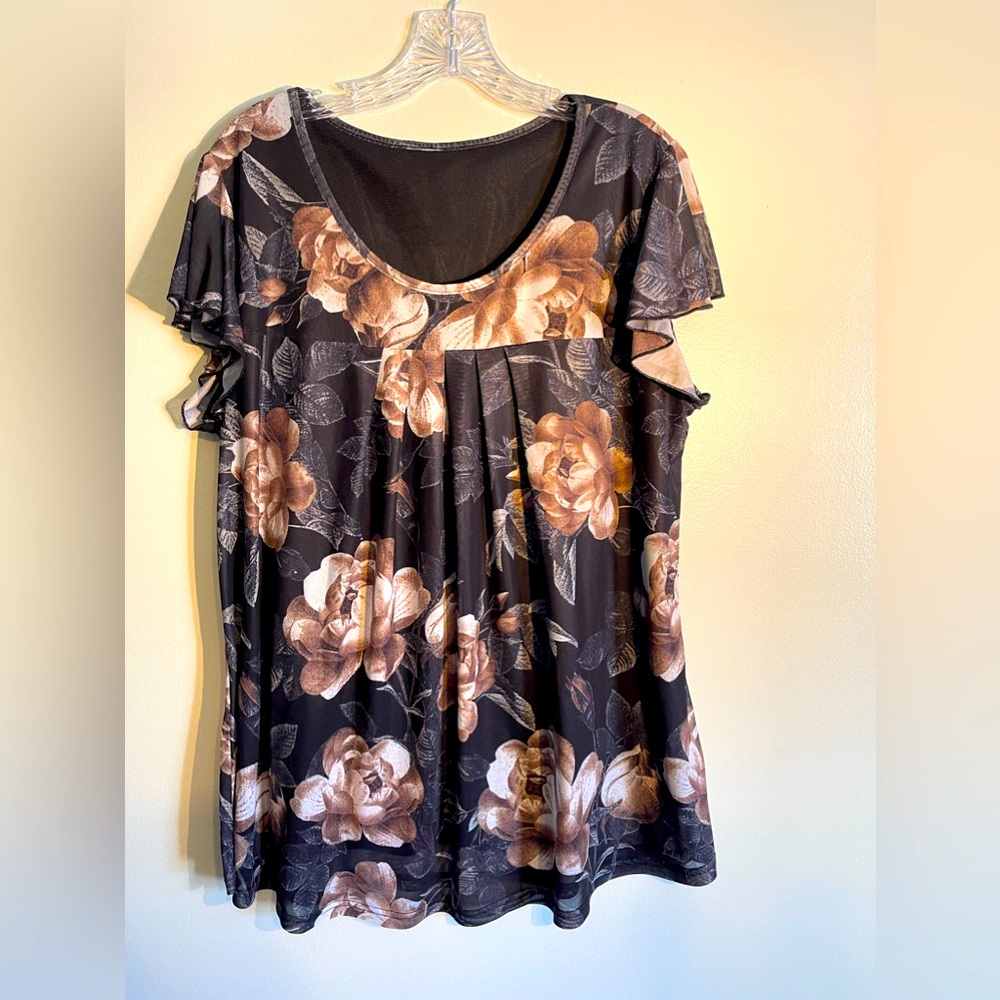 Black and Tan Flutter Sleeve Ruffled Blouse